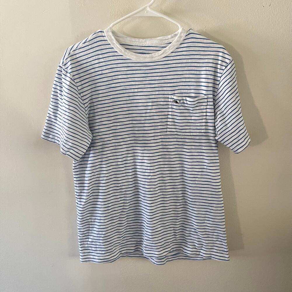 Vineyard Vines Striped Short Sleeve Tee Womens Small White Blue Pocket Whale Top